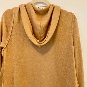 long casual warm cardigan duster sweater.  buff/tan color w hood and thick seams